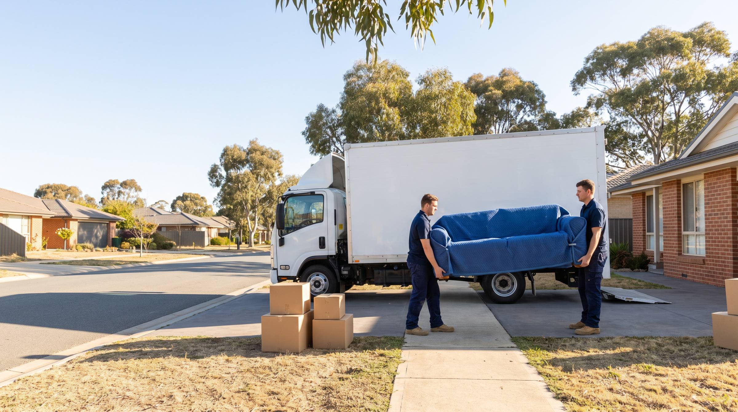 Two removalists carrying a wrapped sofa to a removal truck in a Canberra driveway