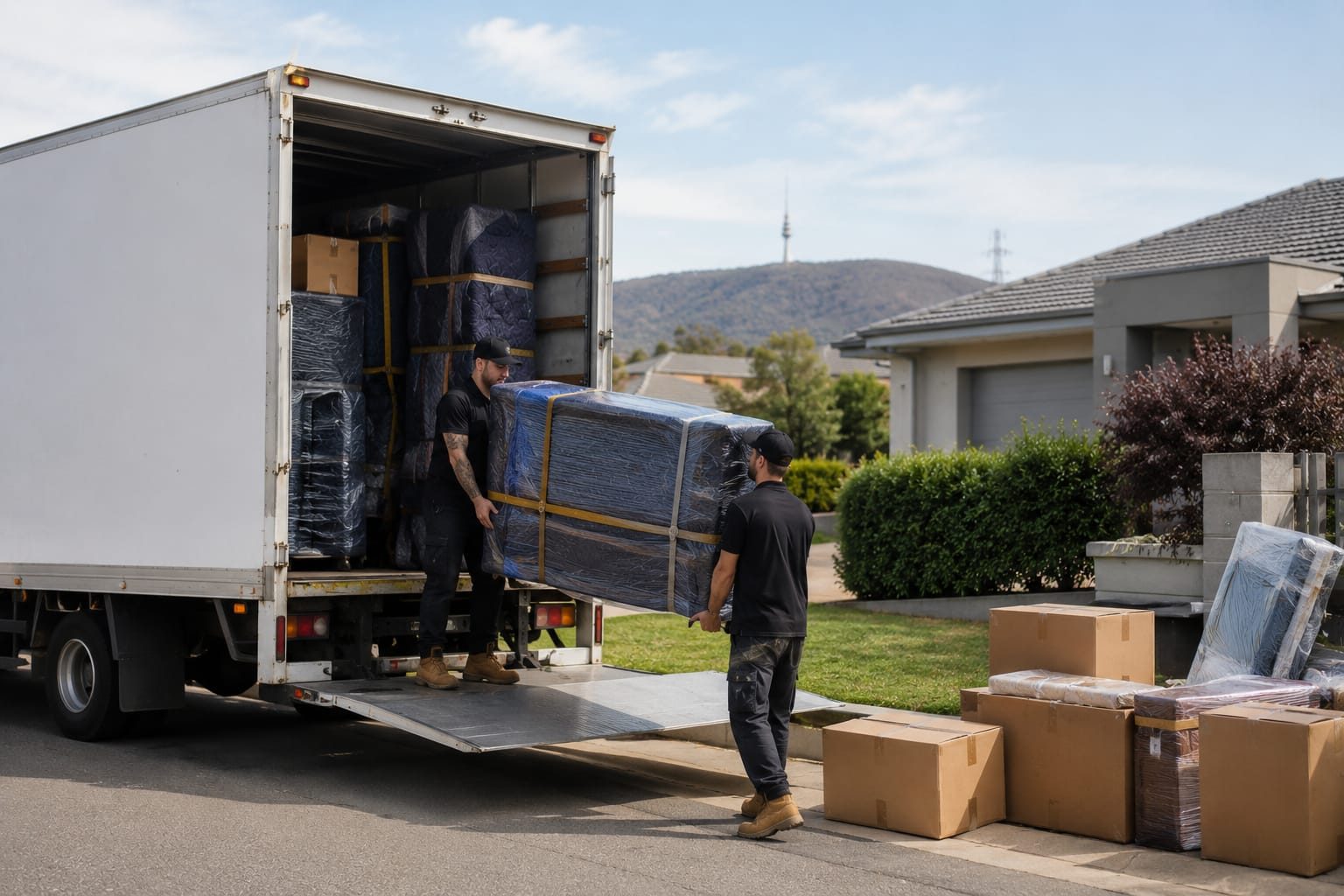 RB Removals crew loading wrapped furniture onto the truck at a Canberra home