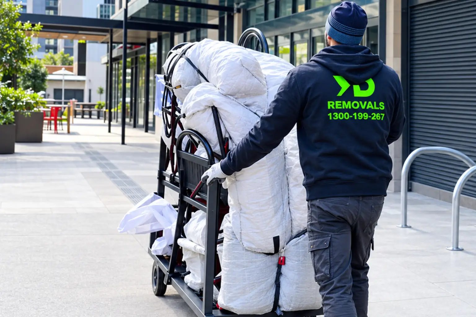 RB Removals crew member moving wrapped furniture on a trolley