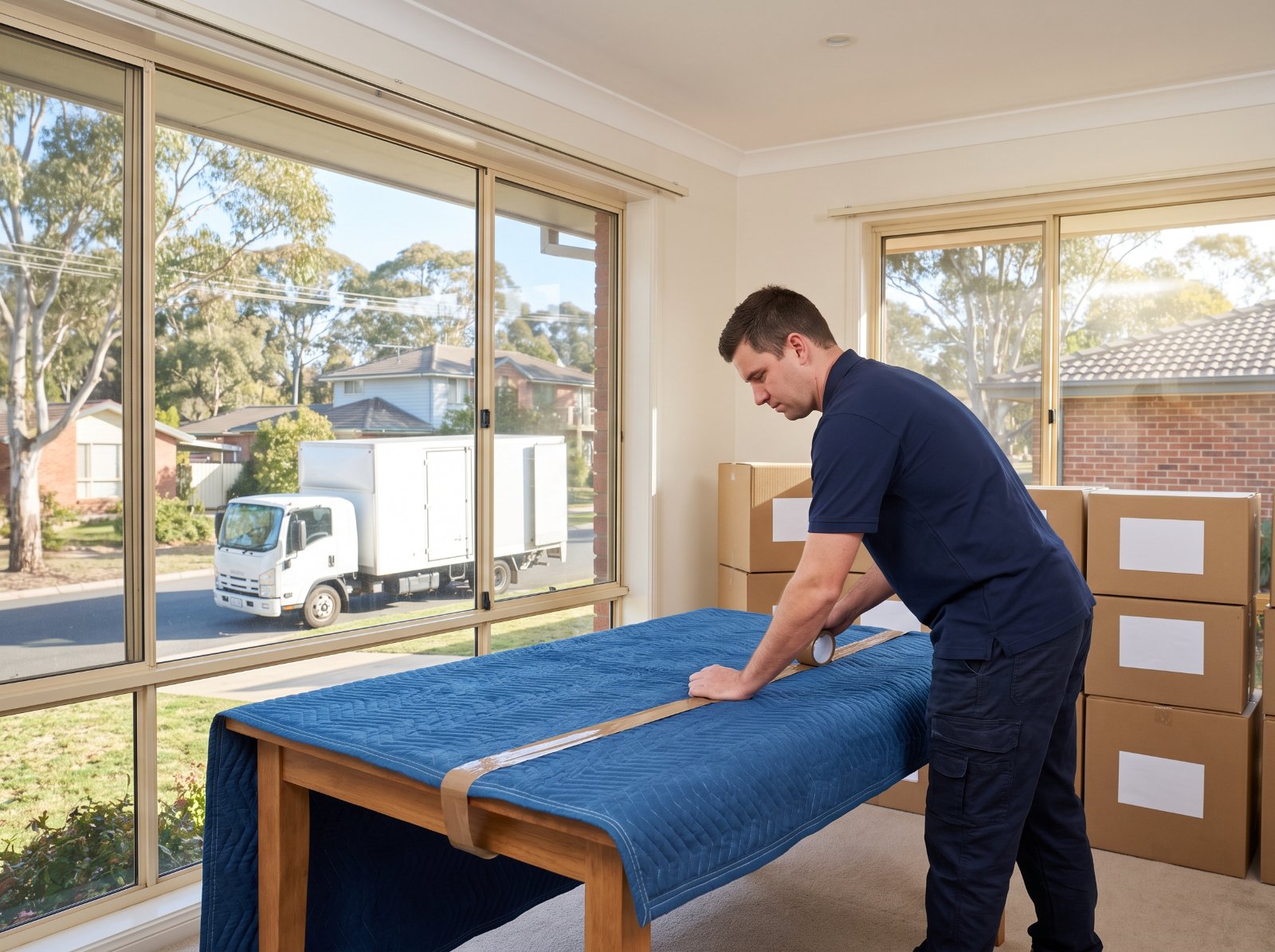 Removalist wrapping a dining table in a moving blanket
