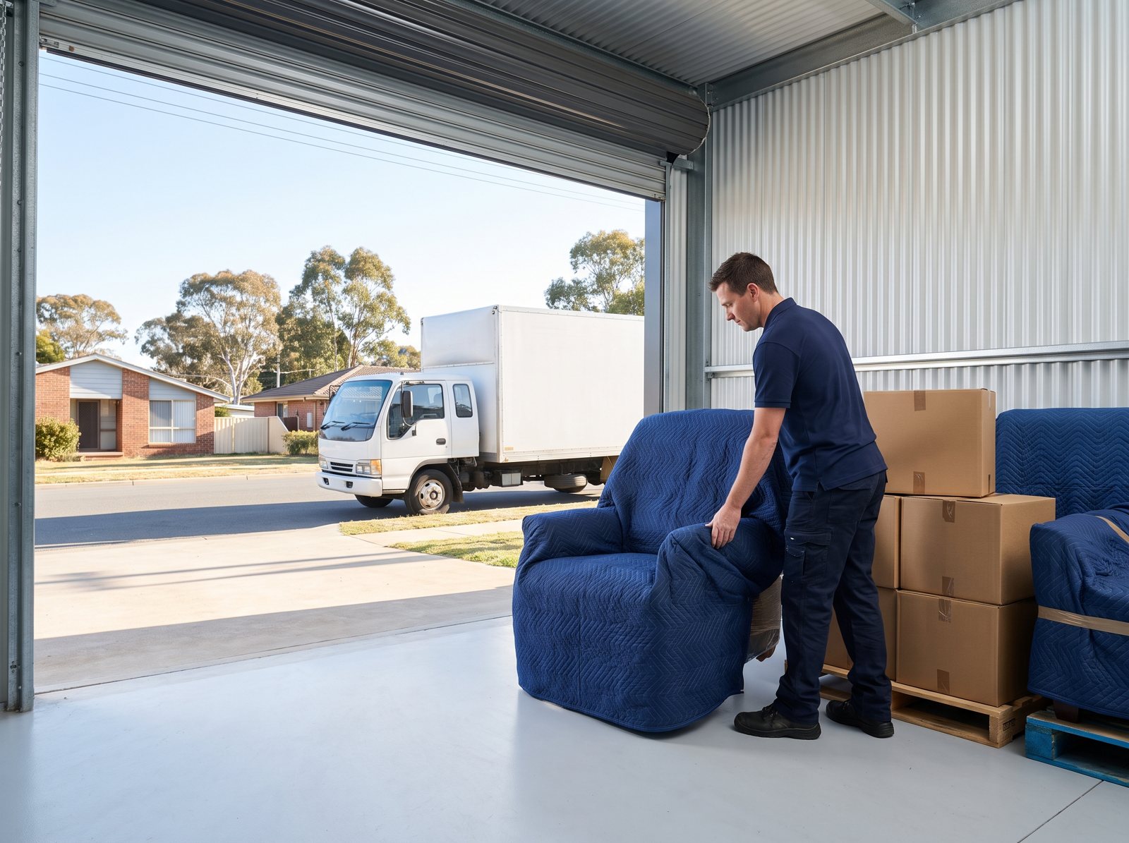 Wrapped furniture and boxes stacked in a storage unit